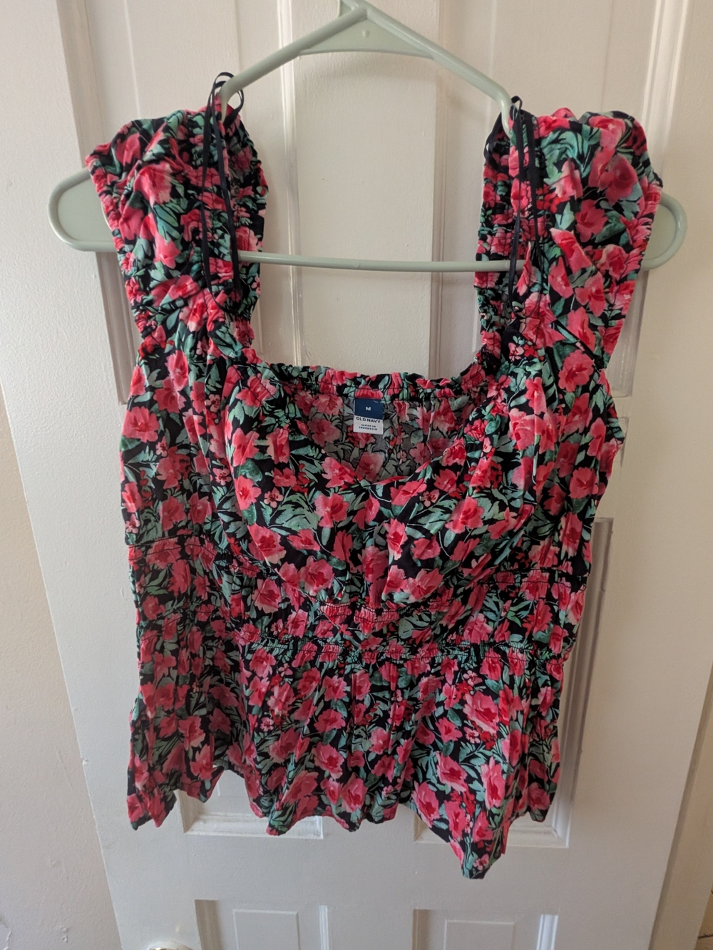 Old Navy Black Blouse with Pink Floral Print